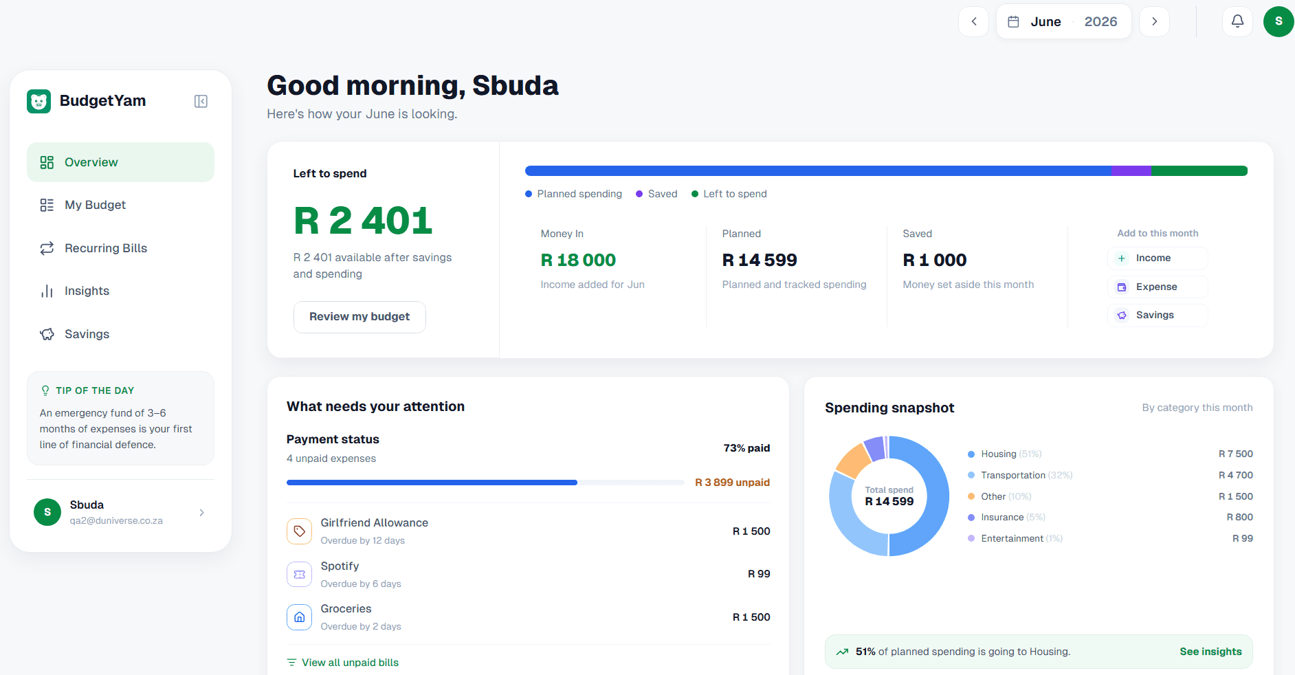BudgetYam v2 dashboard showing left to spend, payment status and spending snapshot