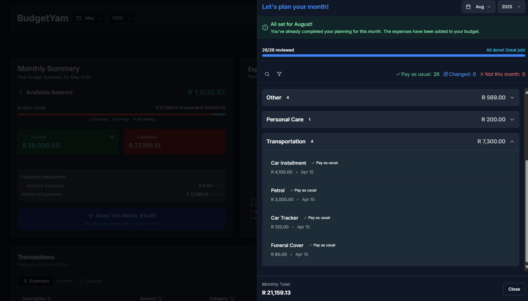 BudgetYam Monthly Review - Track Your Progress